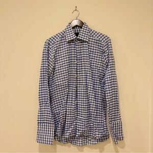 David Donahue Trim Fit Blue Gingham Dress Shirt